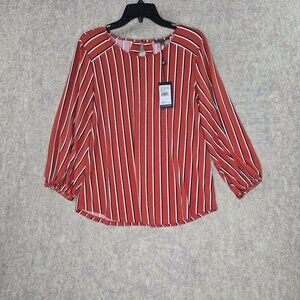 Adrianna Papell Womens Striped Blouse Coral & Black S